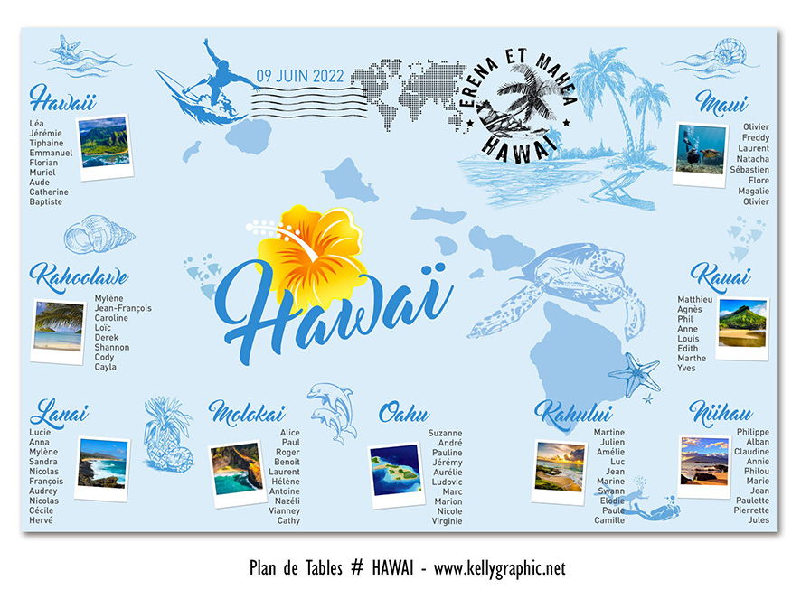 plan de table mariage Hawaï volcans surf plumeria hula Pacifique tropical original personnalisé réception