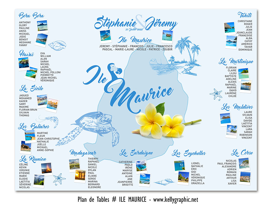 plan de table mariage Île Maurice perle Indien lagon turquoise dodo sucre tropical personnalisé original