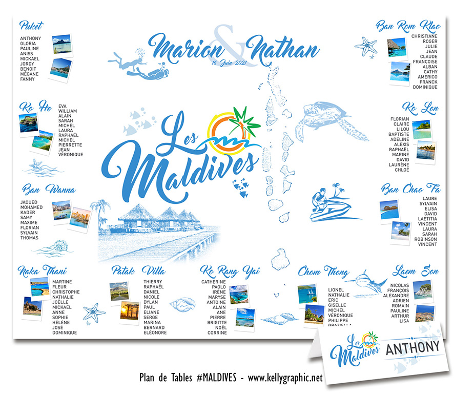plan de table mariage Maldives atolls lagon turquoise bungalow pilotis sable blanc récif corail personnalisé