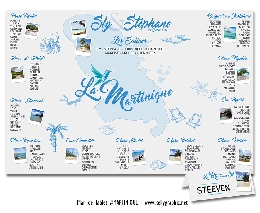 plan de table mariage Martinique fleurs colibri rhum pelée Antilles tropical coloré personnalisé original