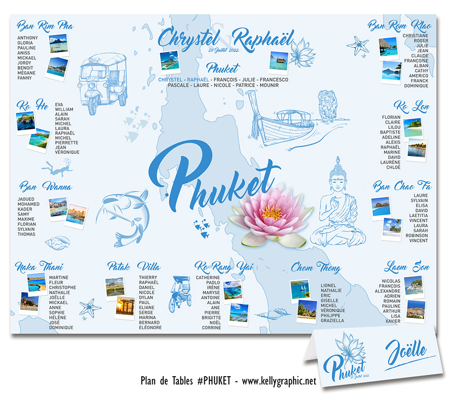 plan de table mariage Phuket Thaïlande mer Andaman temple bouddhiste éléphant bateau longue queue original