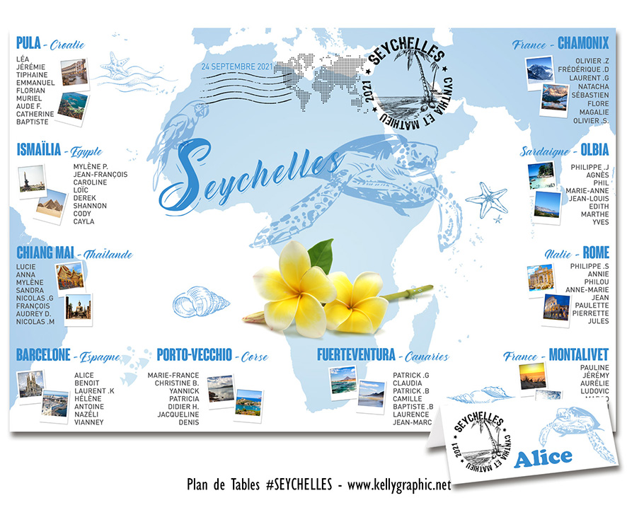 plan de table mariage Seychelles rochers granitiques tortue géante coco de mer lagon tropical personnalisé