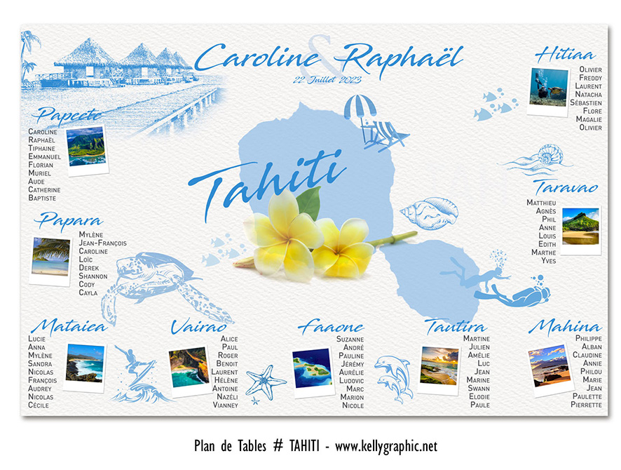 plan de table mariage Tahiti Polynésie française tiaré pirogue lagon Moorea Bora-Bora personnalisé original