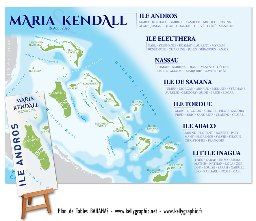 plan de table mariage Bahamas carte plages sable blanc eaux turquoise lumière estivale exotique personnalisé
