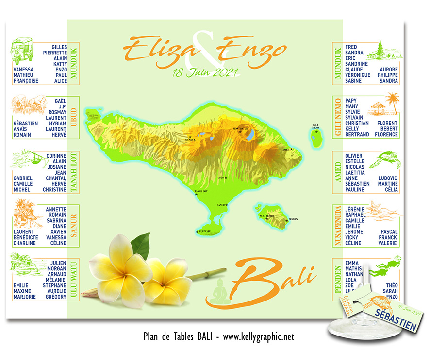 plan de table mariage Bali carte géographique île des dieux Indonésie voyage tropical personnalisé élégant