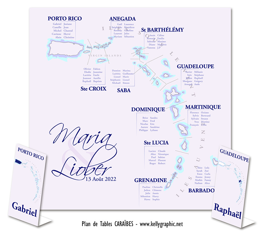 plan de table mariage Caraïbes carte géographique mer îles tropicales voyage noces personnalisé original