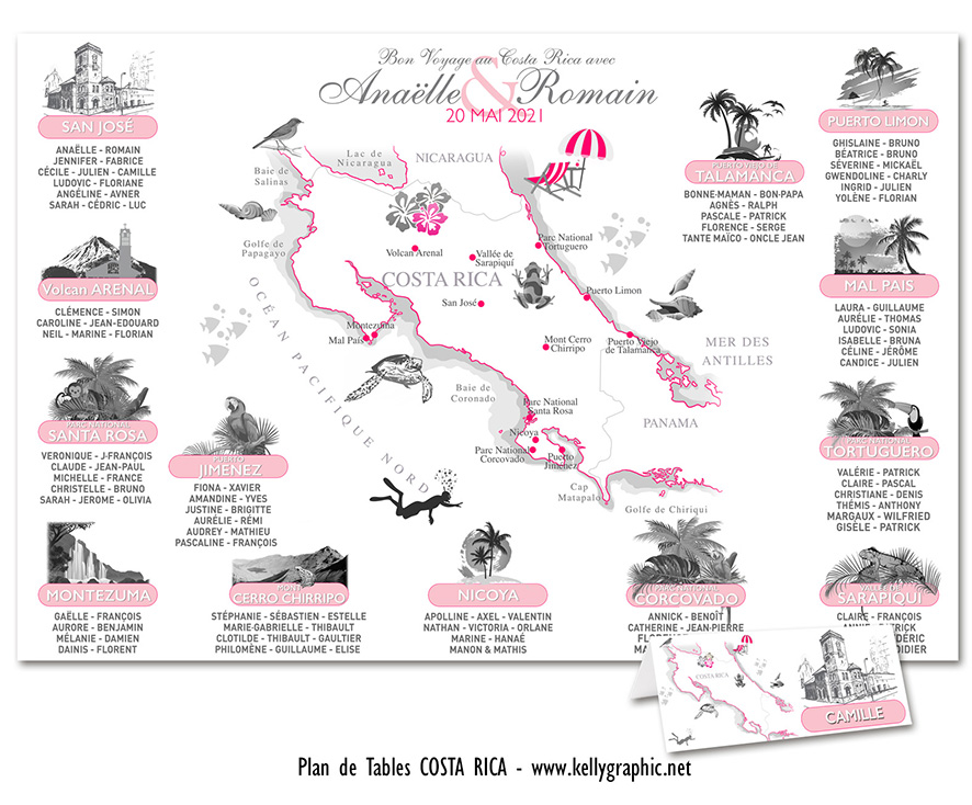 plan de table mariage Costa Rica carte Amérique centrale plages volcans biodiversité voyage personnalisé