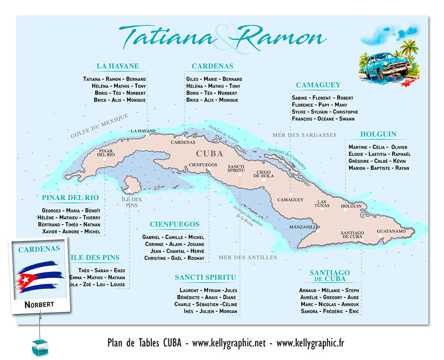 plan de table mariage Cuba carte aérienne maritime tracé côtes voyage élégant cartographique personnalisé