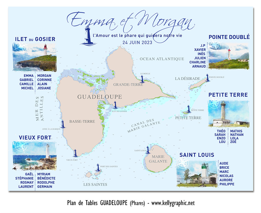 plan de table mariage Phares Guadeloupe carte archipel papillon Caraïbes Basse-Terre Grande-Terre voyage