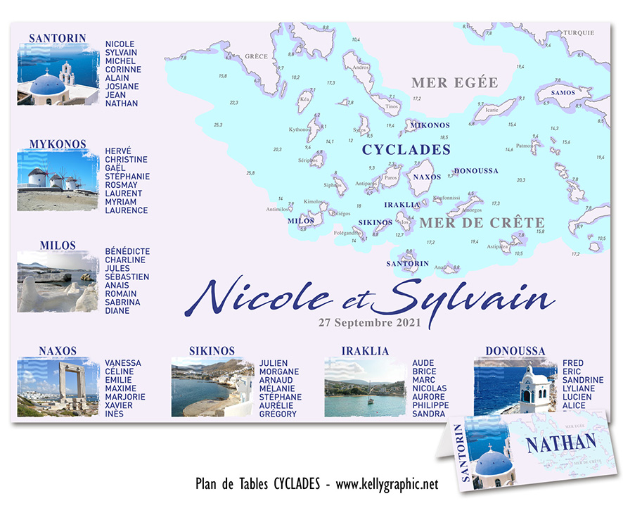 plan de table mariage Cyclades carte mer Égée Grèce Santorin Mykonos Naxos voyage cérémonie personnalisé
