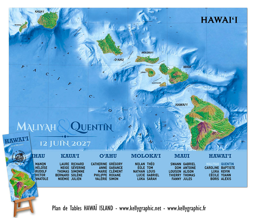 plan de table mariage Hawaï carte Pacifique volcans archipel Oahu Maui Big Island voyage aventure personnalisé