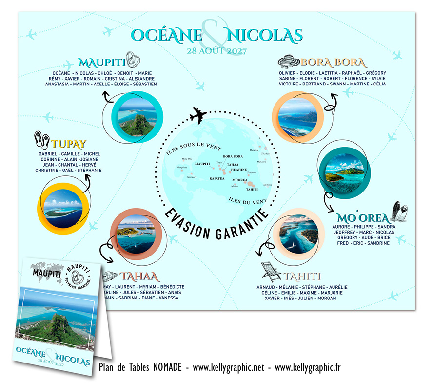 plan de table mariage nomade Bora-Bora Maupiti Tupai Tahiti Mo'orea Polynésie bleu lagon soleil dépaysement