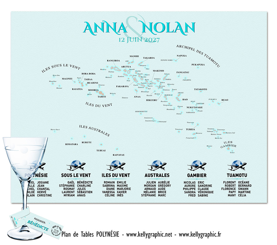 plan de table mariage Polynésie carte lagons Pacifique douceur romantique Bora-Bora Tahiti Moorea personnalisé