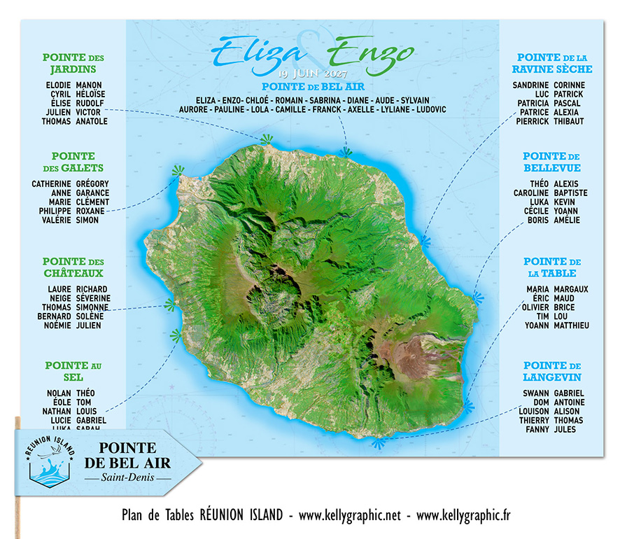 plan de table mariage La Réunion carte géographique volcans cirques végétation intense voyage personnalisé