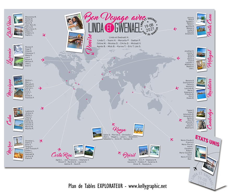 Plan de table mariage Explorateur – mappemonde planisphère personnalisé destinations plan de table mariage Explorateur mappemonde planisphère original idées voyages décoration mariage thème monde