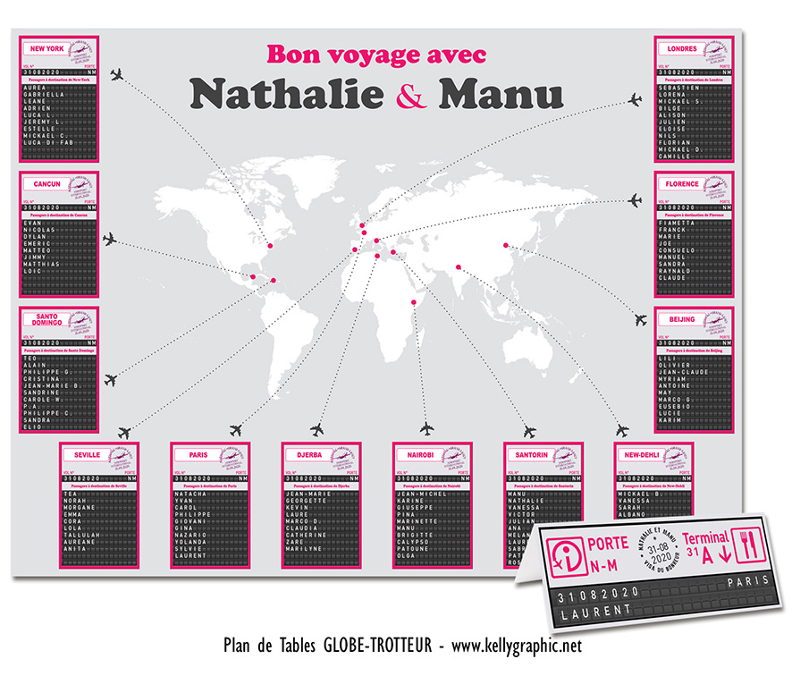 Plan de table mariage Globe Trotteur – tableau d'affichage aéroport destinations épinglées plan de table mariage Globe Trotteur tableau affichage aéroport épingles destinations map voyage original