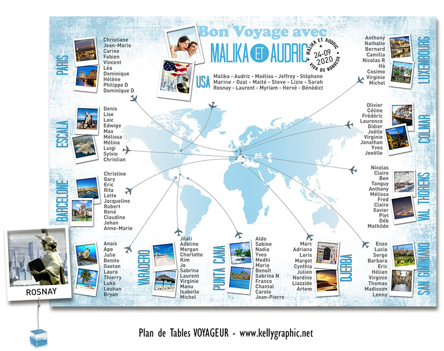 Plan de table mariage Voyageur – planisphère avec vols avions et photos couple plan de table mariage Voyageur planisphère trajets avions photos couple carnet voyage best-seller personnalisé
