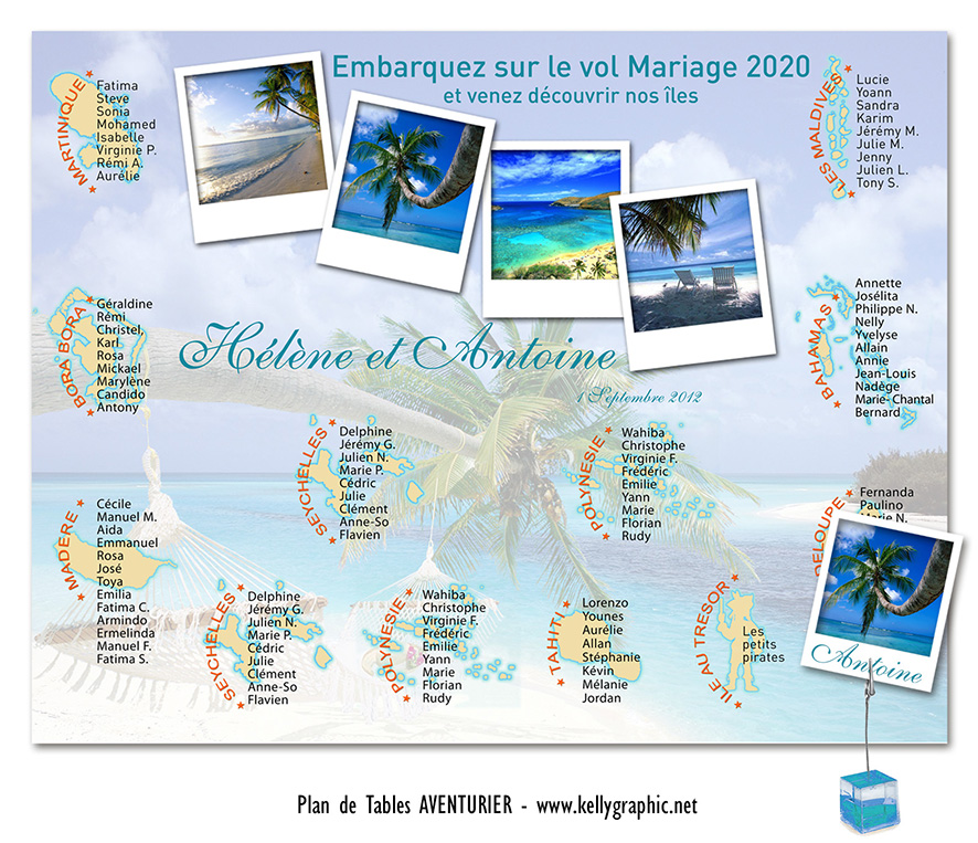 plan de table mariage Aventurier îles monde lagons turquoise traversées exotiques liberté découverte personnalisé
