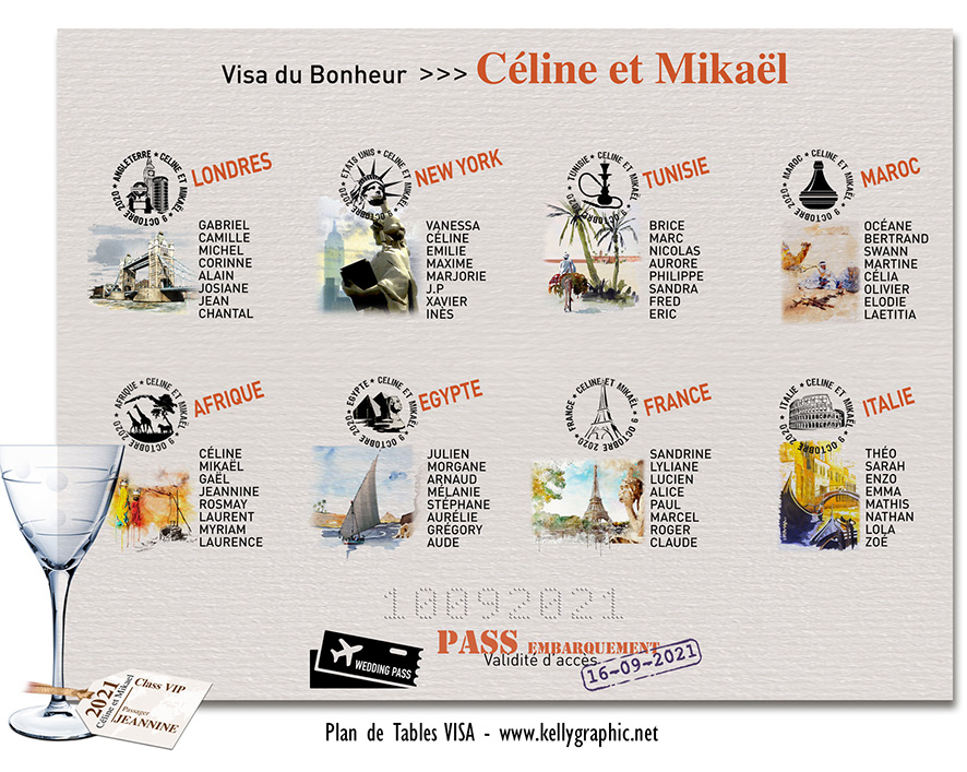 plan de table mariage visa bonheur passeport assortis faire-part voyage personnalisé original réception