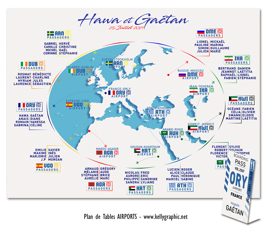 plan de table mariage Airports planisphère drapeaux codes IATA aéroports voyage décoration salle mariage