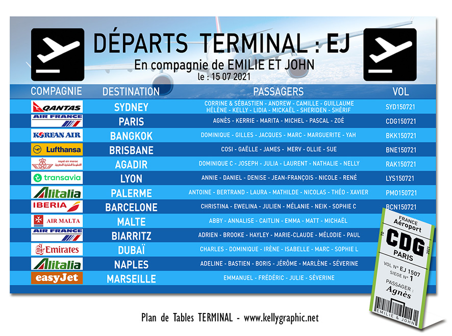 plan de table mariage Terminal tableau affichage aéroport coloré festif logos compagnies vols destinations