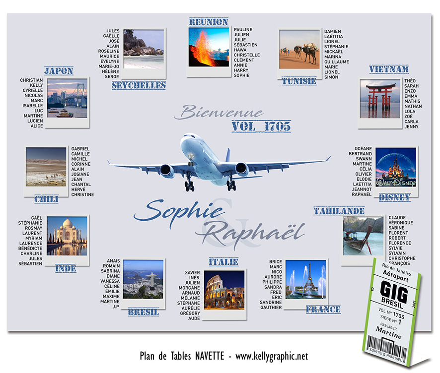 plan de table mariage Navette photos voyage couple avion bord personnalisé original décoration réception
