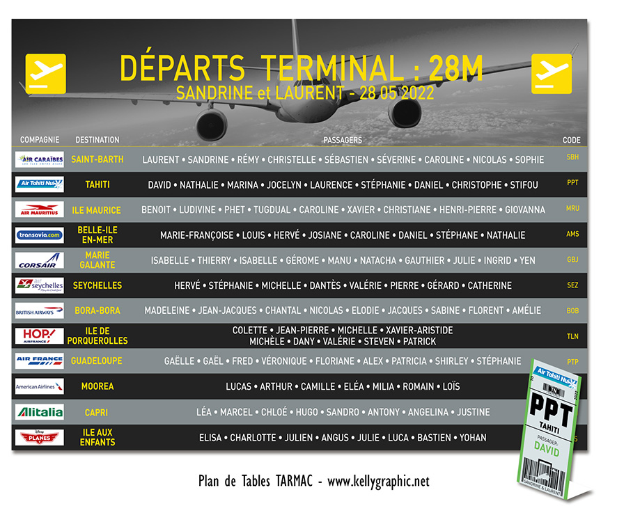 plan de table mariage Tarmac tableau affichage aéroport sobre élégant logos compagnies vols destinations