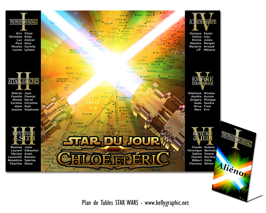 Plan de table mariage Star Wars insolite saga galactique thème sabres laser étoiles Plan de table mariage Star Wars insolite saga galactique thème sabres laser étoiles