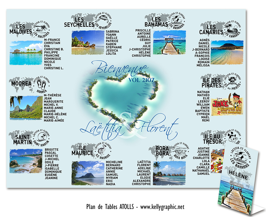 Plan de table mariage voyage Atolls Plan de table mariage voyage Atolls île en forme de coeur lagon symbole d'amour mariage exotique