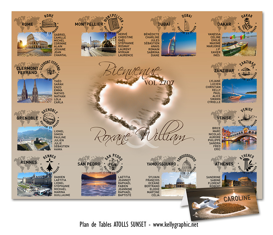 Plan de table mariage voyage Atolls Sunset Plan de table mariage voyage Atolls Sunset photos de voyage vintage marron coucher de soleil