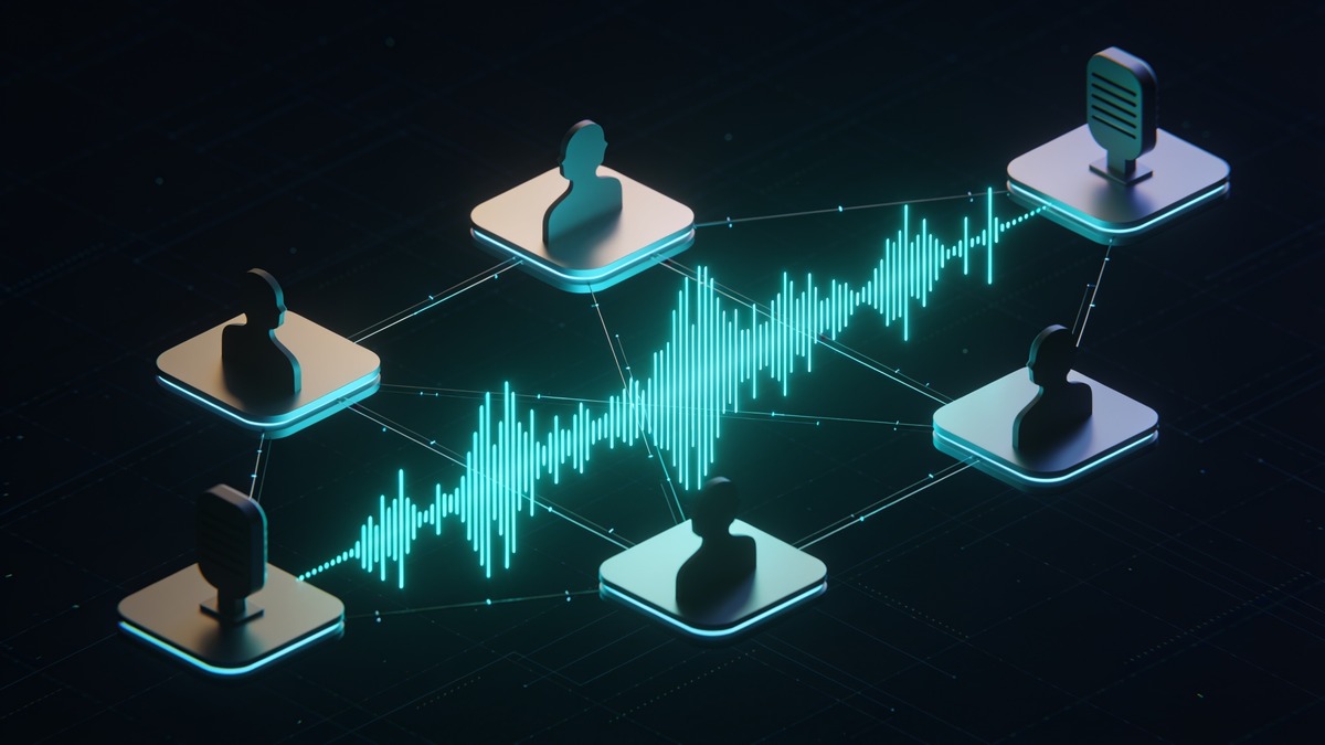 Abstract voice-wave visualization representing AI voice platforms connected by data lines