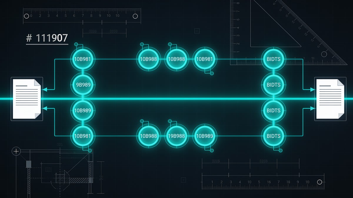 AI bidding document pipeline visualization with blueprint grid and pipeline flow