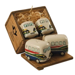 UJ SA TAXI SALT & PEPPER SET IN WOODEN BOX - PRINT