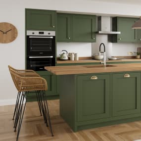 Full Stave Prime Oak Wooden Worktop lifestyle with Green Kitchen