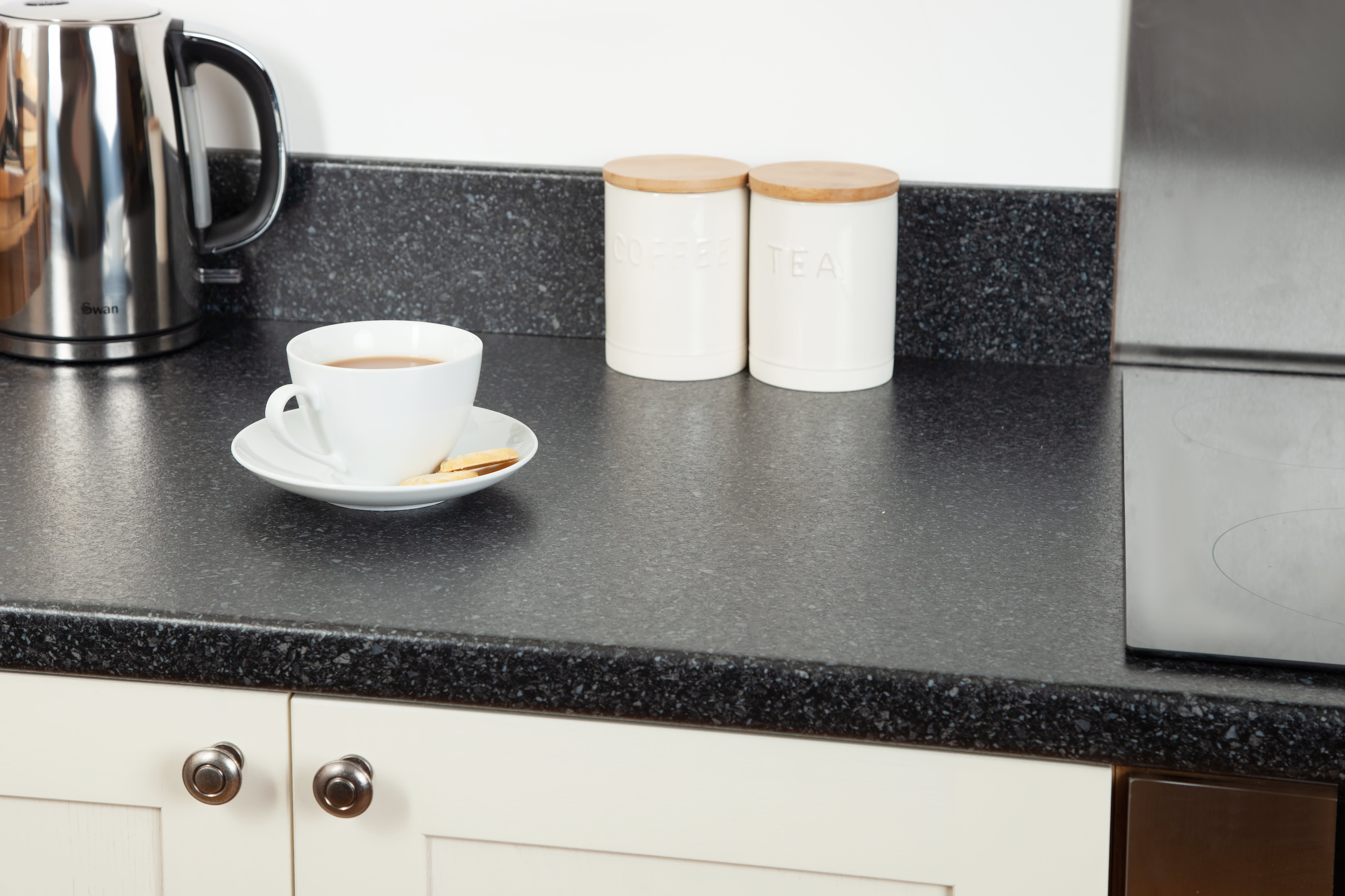 Black Quartz Laminate Worktop With Coffee mug