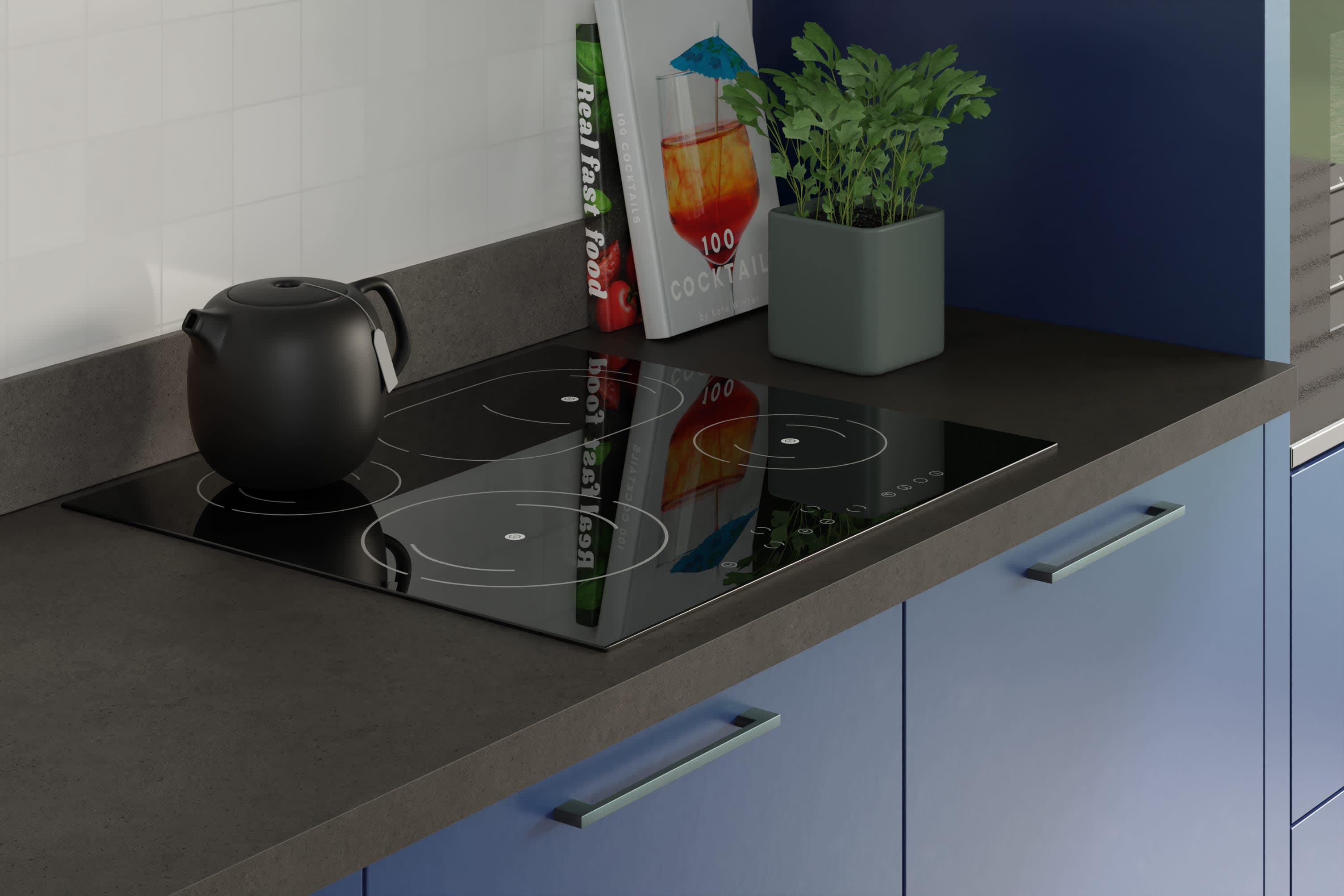 Dusk Granite Worktop with hob, teapot, books and herbs