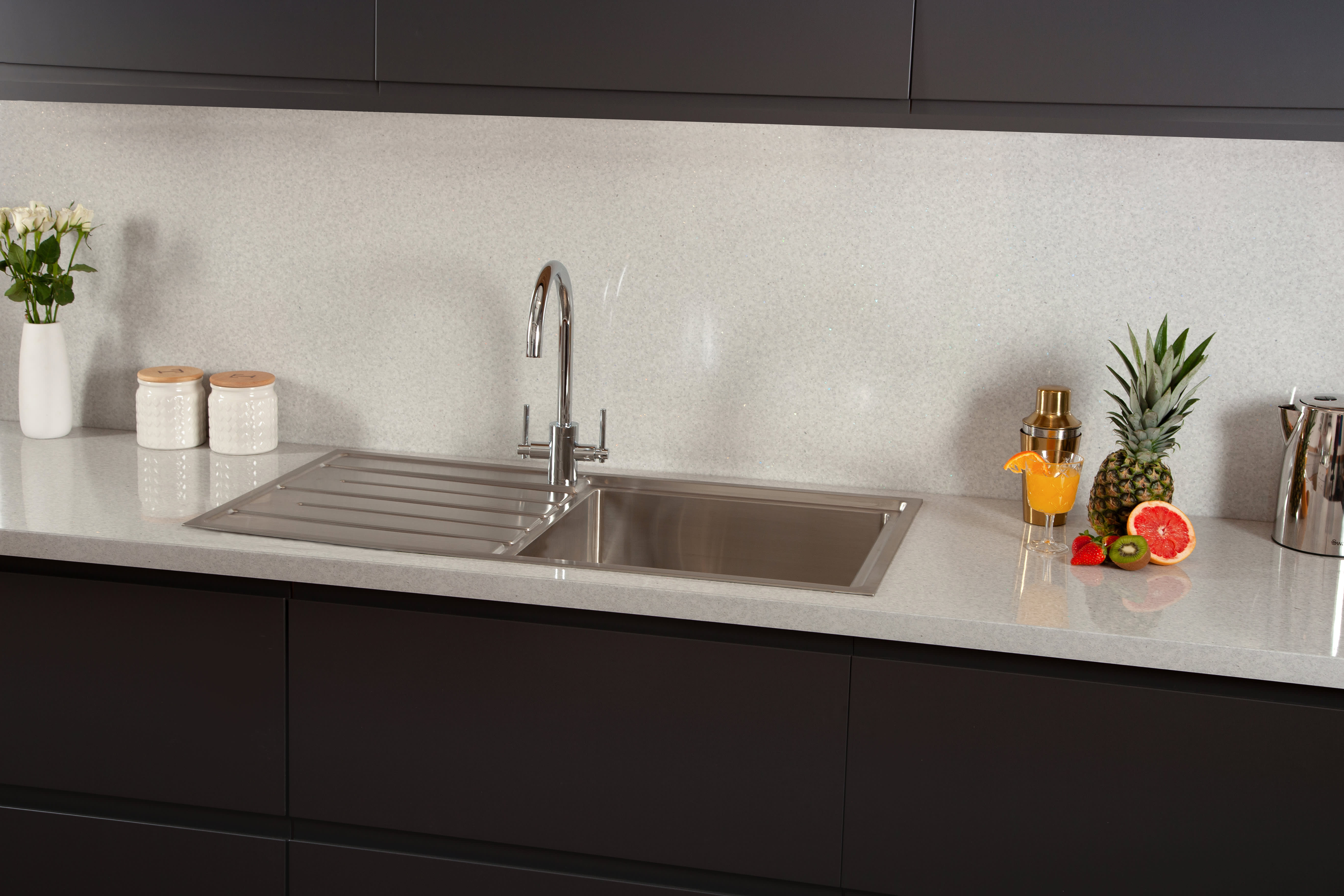 Grey Haze Laminate Kitchen Worktop with fresh fruit and sink