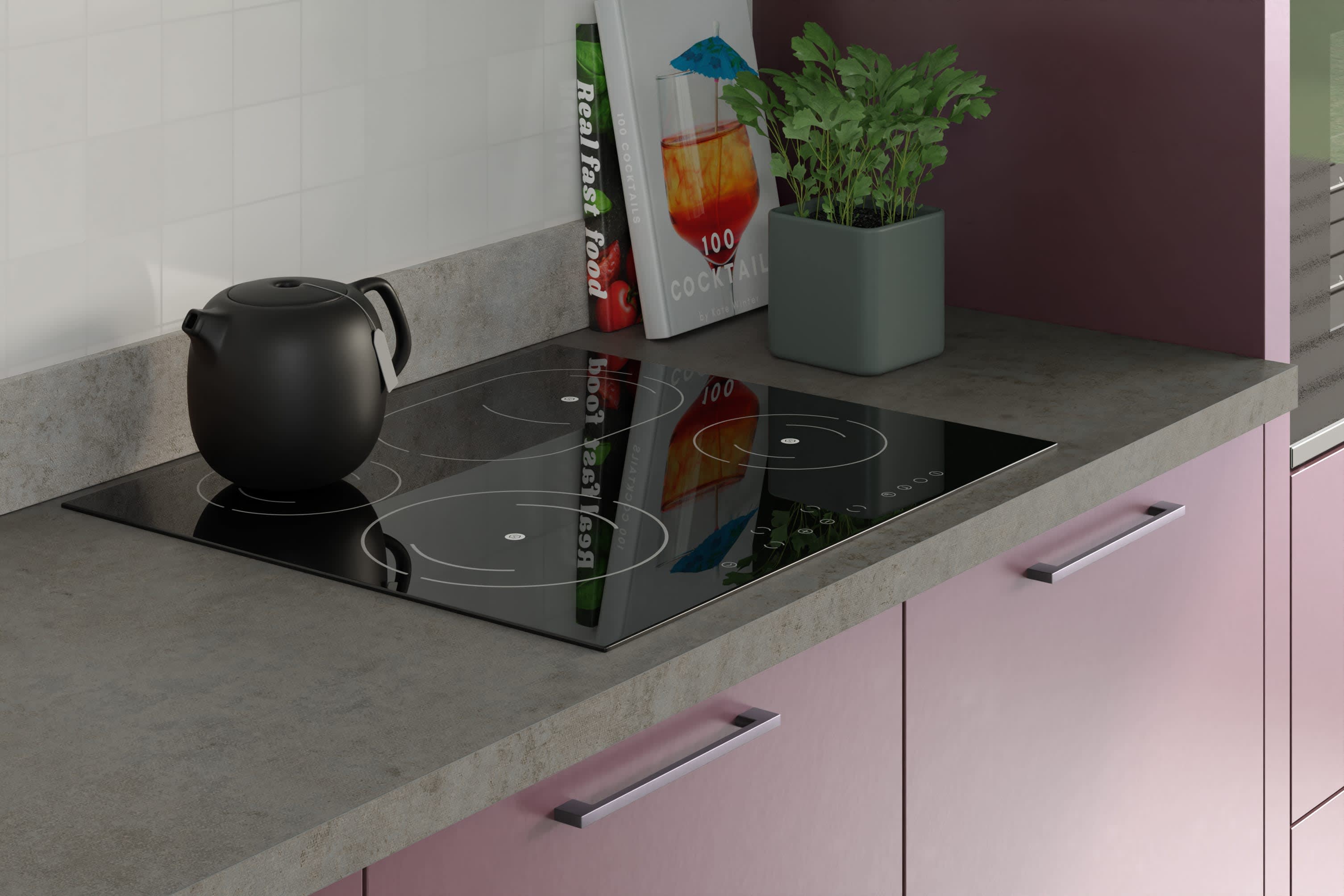 Industrial Concrete Worktop with herbs. hob and teapot