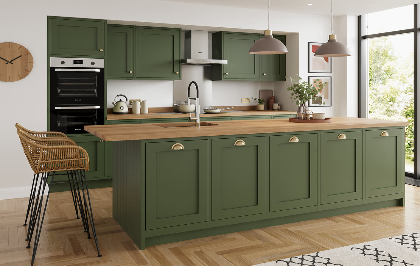 Full Stave Prime Oak Wooden Worktop lifestyle with Green Kitchen