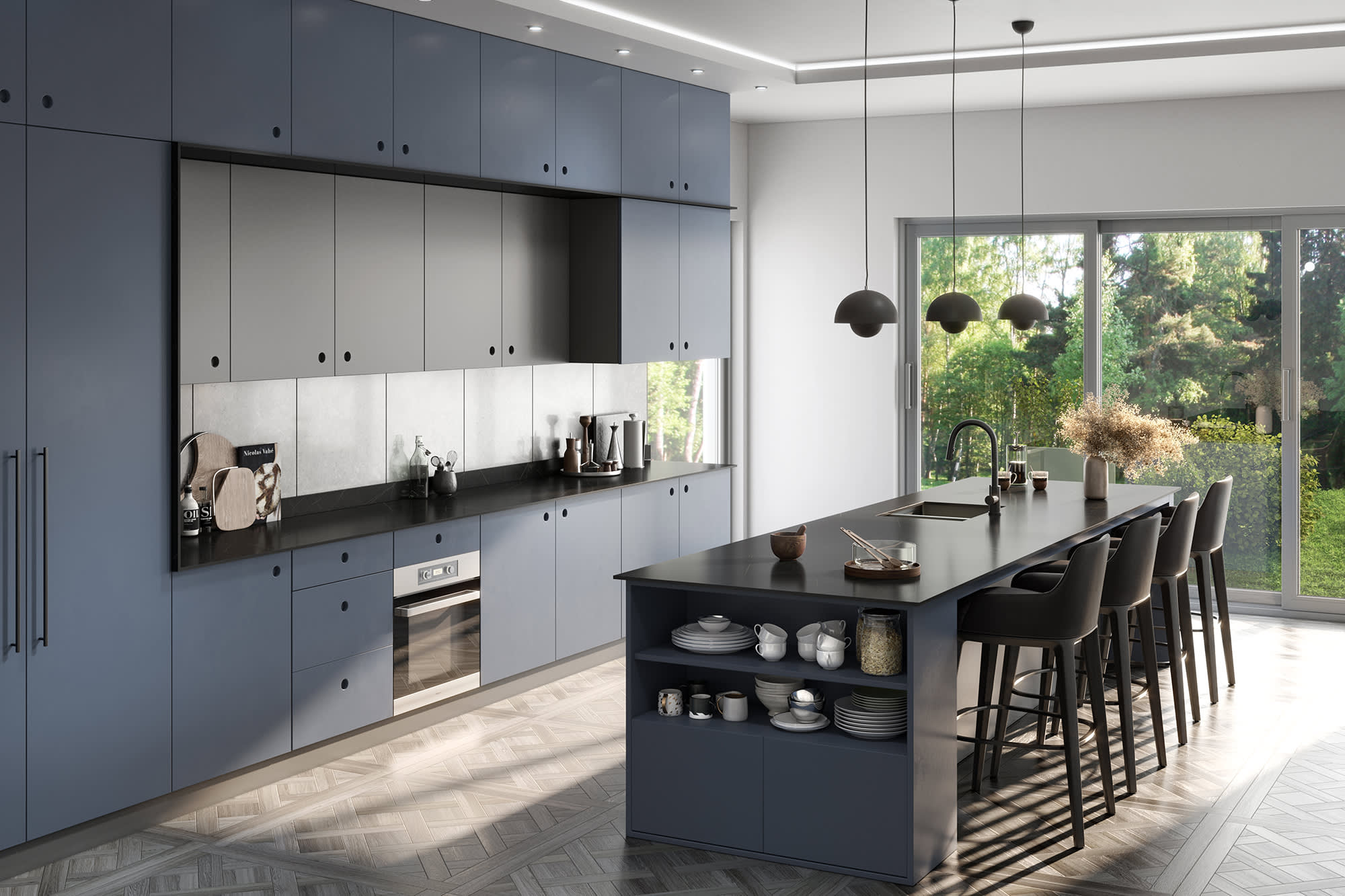 Black Marquina Marble solid laminate worktop on modern blue kitchen lifestyle