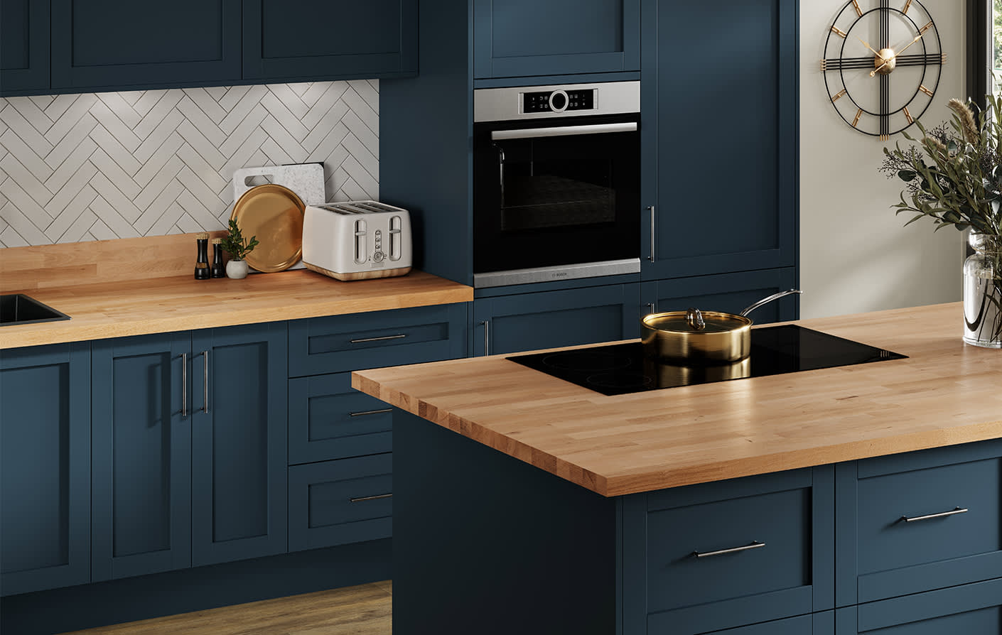 Oak Worktop Lifestyle with Blue Kitchen