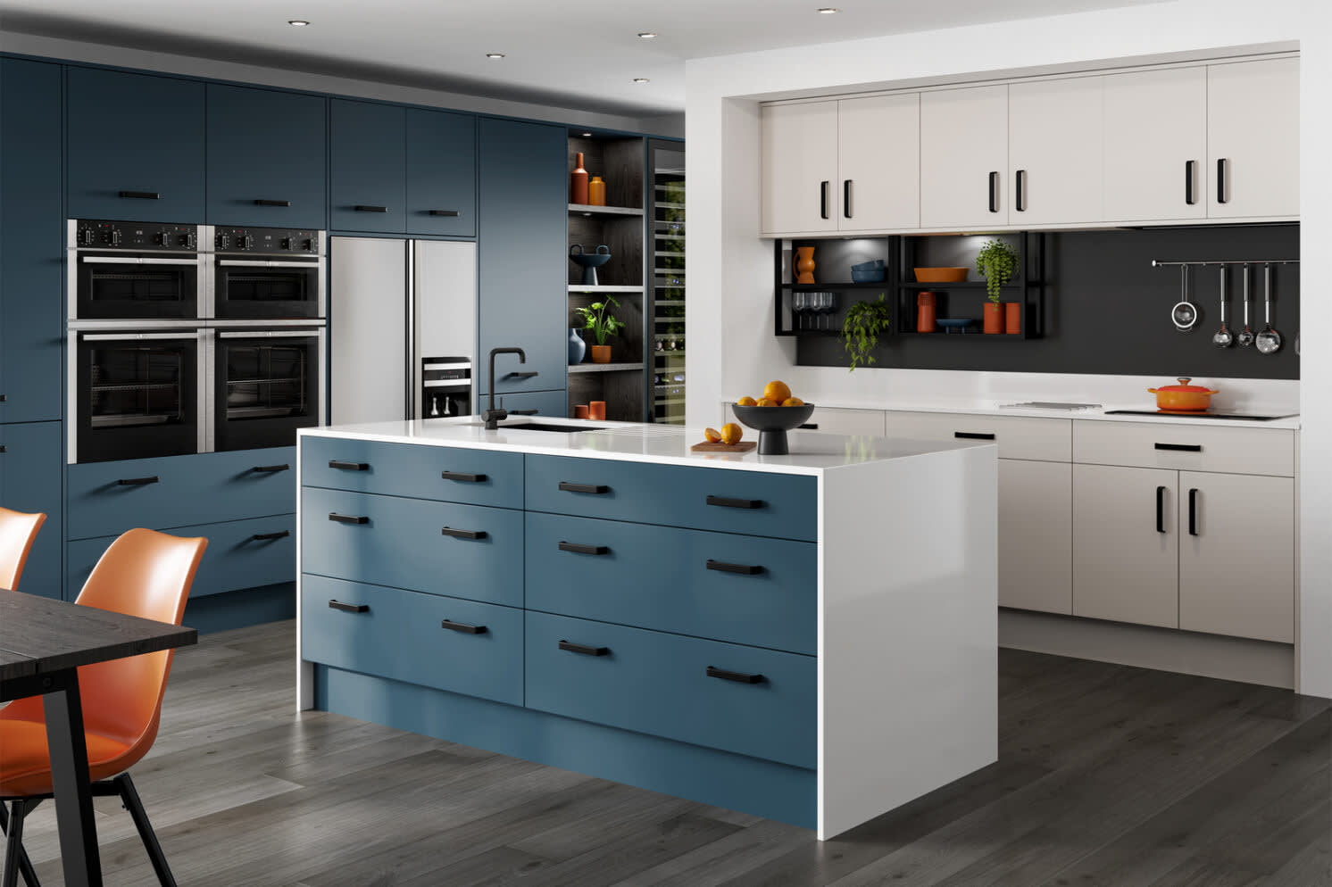 Alpine solid surface worktop in blue & white kitchen