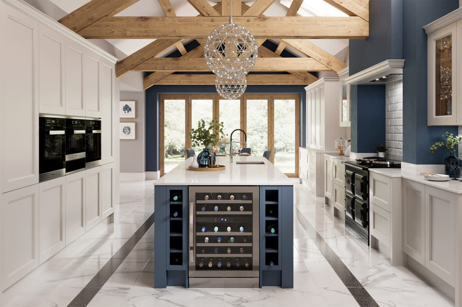 Carrara solid surface worktop on large kitchen island with wine cooler