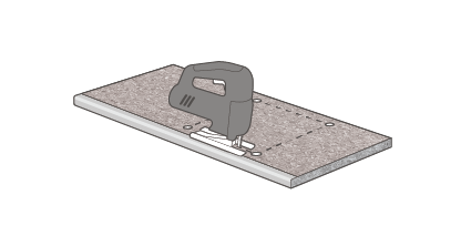 Mark out the area to be cut on the decorative side of the worktop and drill a hole in each of the four corners of the cut-out.