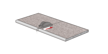 The best results will be achieved by cutting the worktop with a tolerance of +5mm, using a portable power saw (with the decorative side face down) or with a hand saw (decorative side face up).