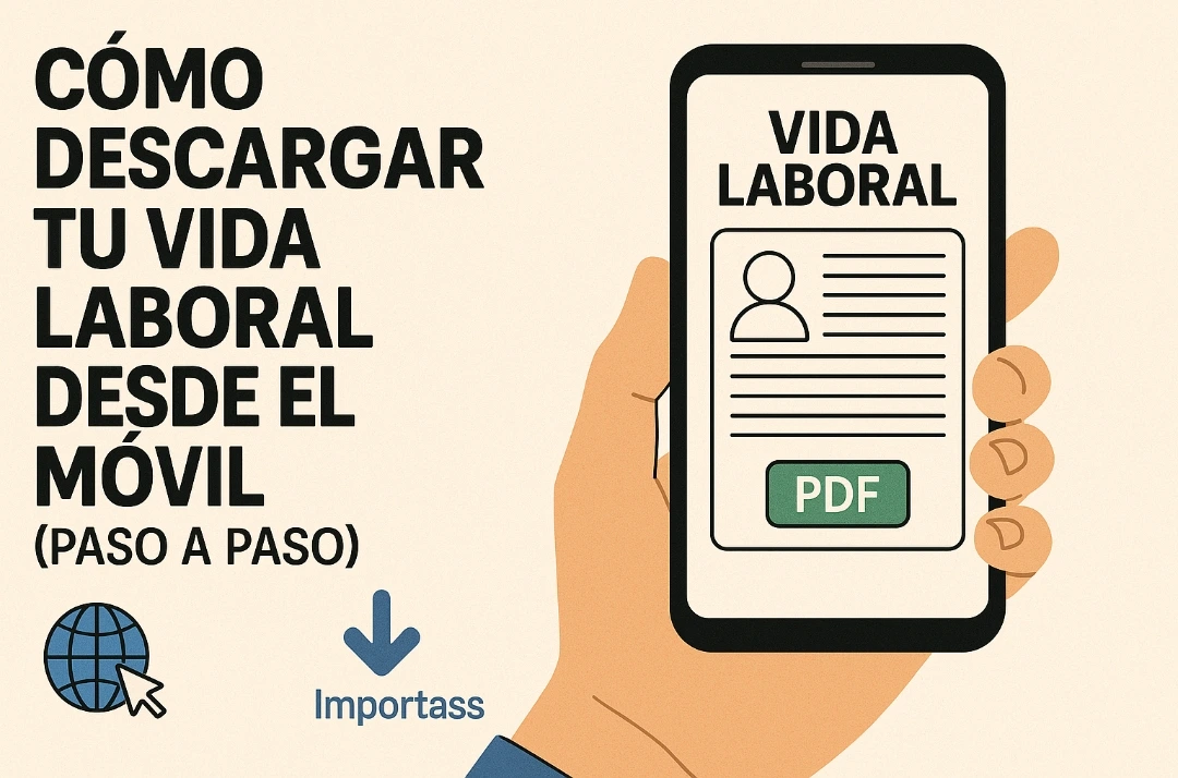 Ilustración digital en español que muestra cómo descargar el informe de vida laboral desde el móvil, con una mano sosteniendo un teléfono y los logos 