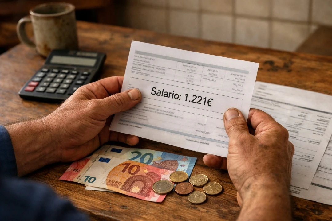 Manos de persona trabajadora sosteniendo una nómina donde se lee "Salario: 1.221€" sobre mesa de madera. En la mesa hay una calculadora, billetes de 10 y 20 euros y varias monedas.