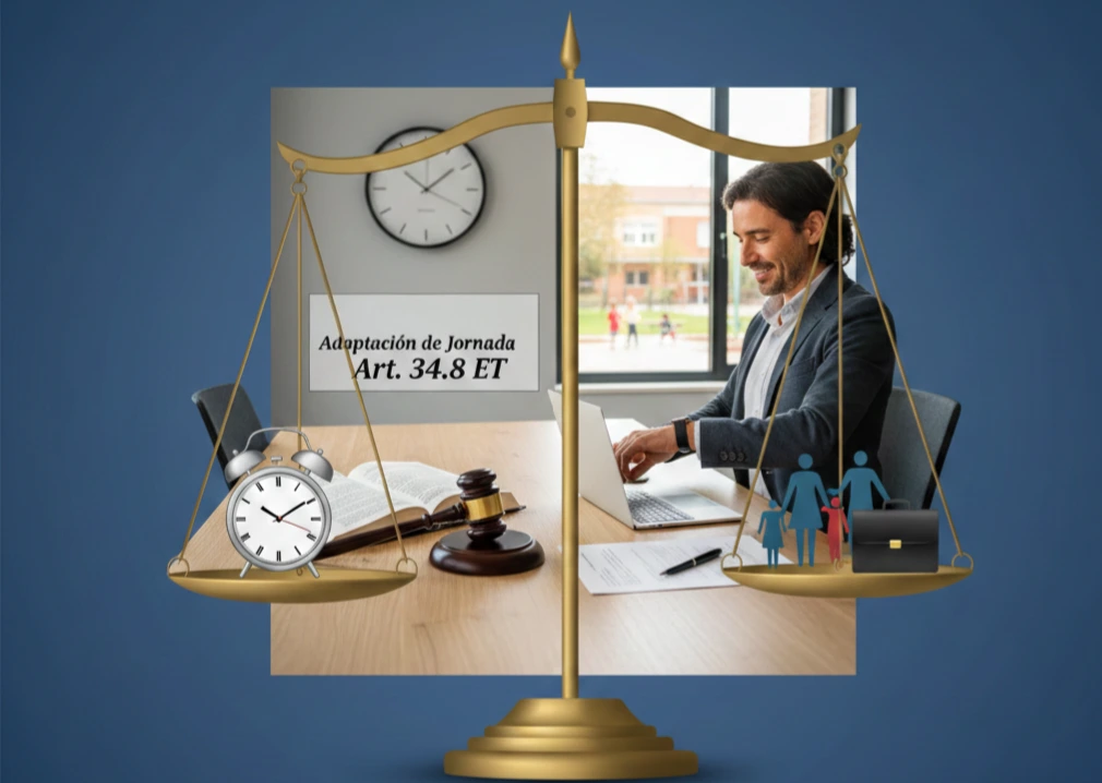 Balanza de la justicia con un reloj de alarma en el platillo izquierdo y una familia junto a un maletín en el derecho, sobre fondo azul con trabajador al ordenador