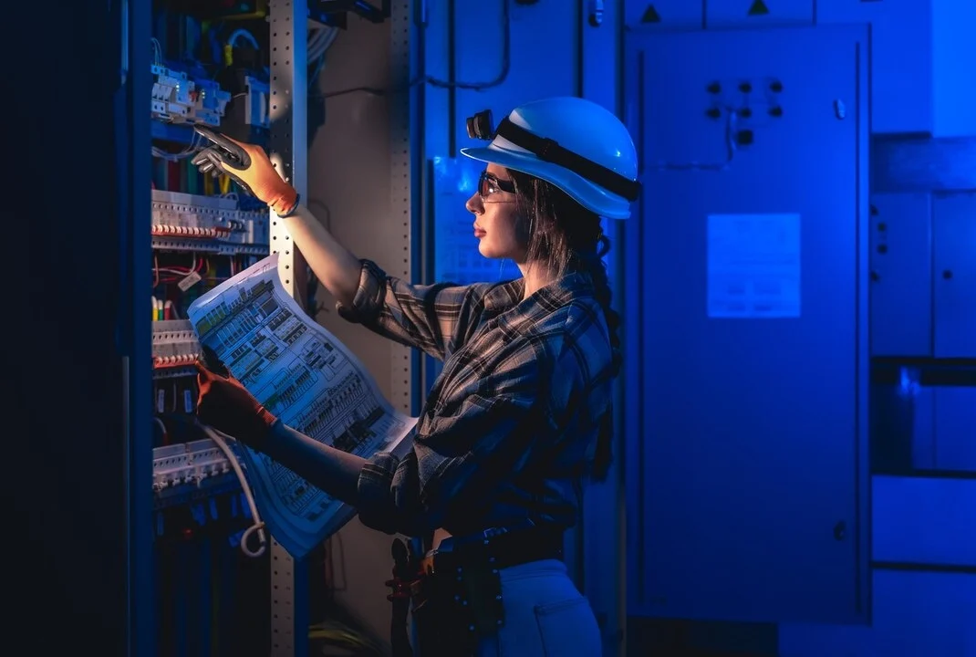 Trabajadora técnica con casco y linterna frontal revisa documentación en un cuadro eléctrico industrial durante el turno de noche
