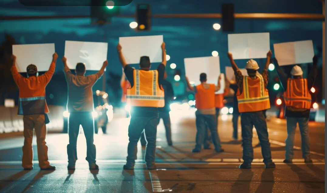 Trabajadores con chalecos de seguridad naranjas alzan pancartas en protesta nocturna durante huelga general